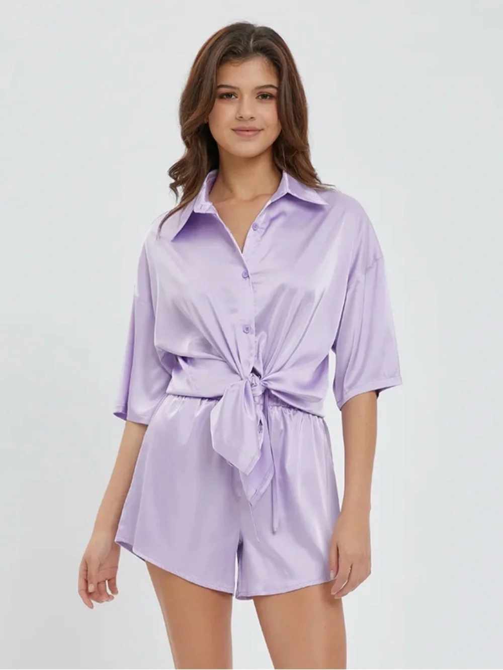 RIVIR Satin Blouse & Shorts Set – Lavender